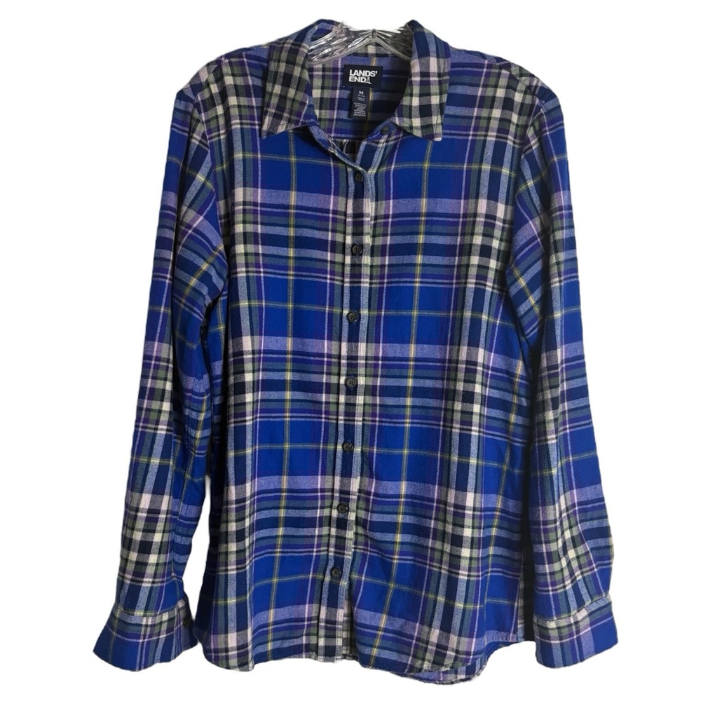 LANDS’ END Button Down Plaid Shirt in Blue/Yellow/White Size M (10-12) -- FALL!! - Picture 2 of 7